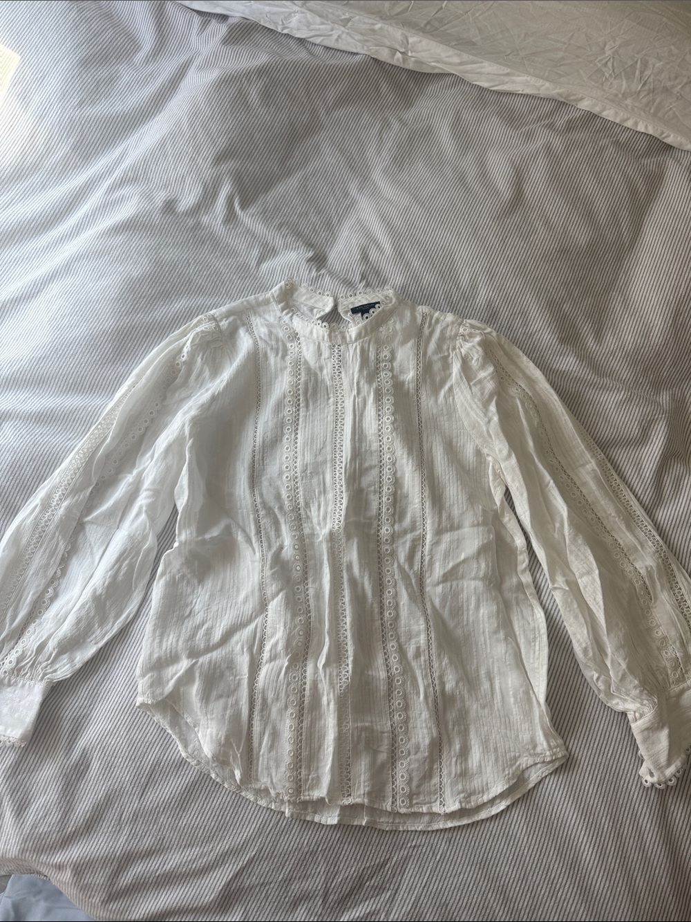 Ann Taylor White Lace-Trim Long Sleeve Blouse